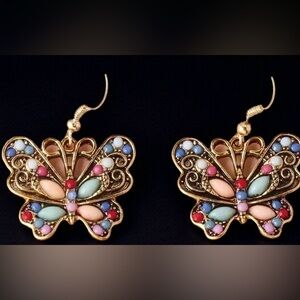 Gold and Blue Butterfly Earrings with Intricate Design
